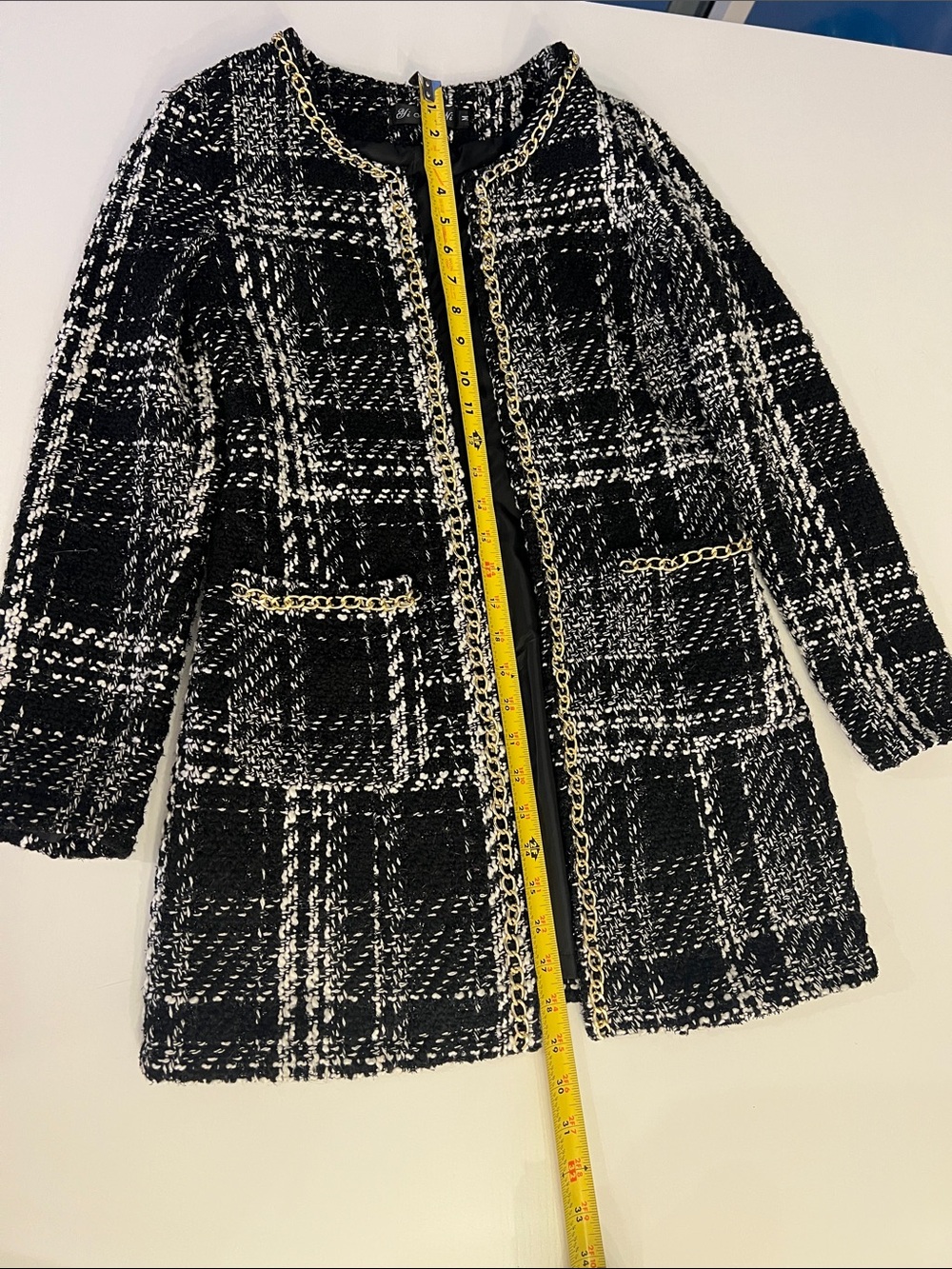 Women’s Black & White Tweed Chain-Trim Coat